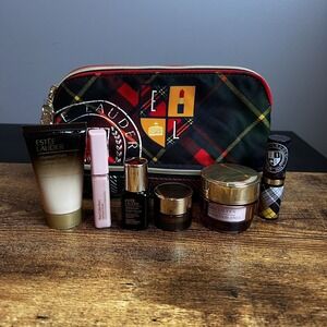 ESTEE LAUDER Red Plaid Tartan 7 pc Makeup Bag w/Travel Sample Products
